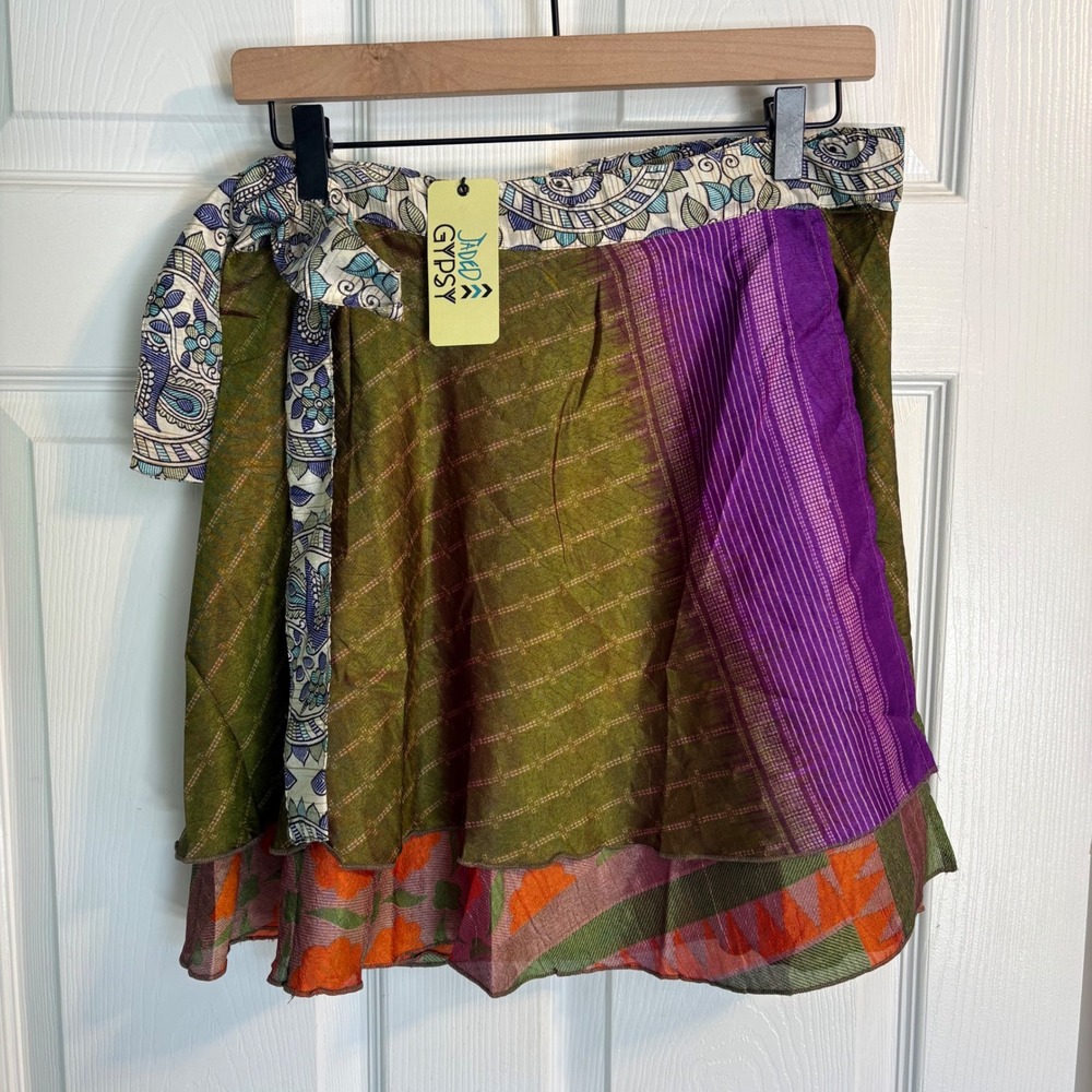 Jaded Gypsy Short Wrap Skirt Free Size Multicolor Sari Style Boho Mini